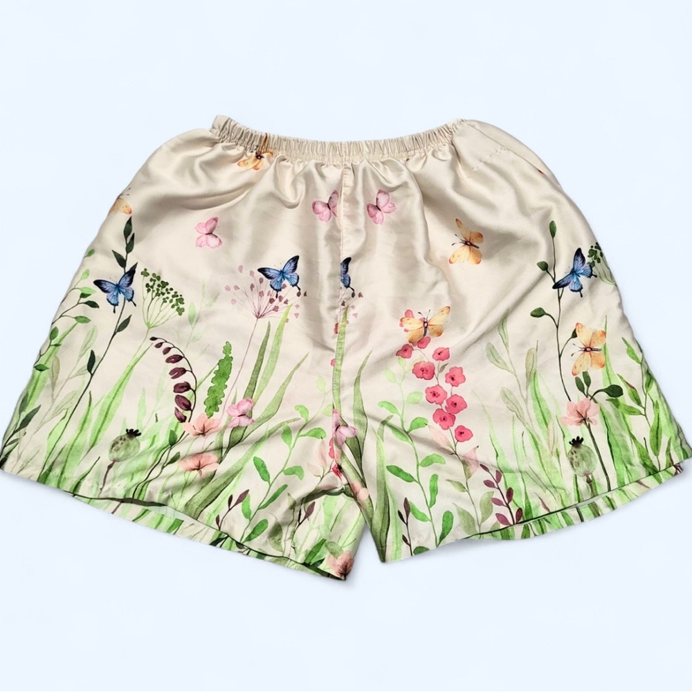 Women’s Satin Shorts Cottagecore Fairy Garden‎ Butterfly Floral Sleep sz Small